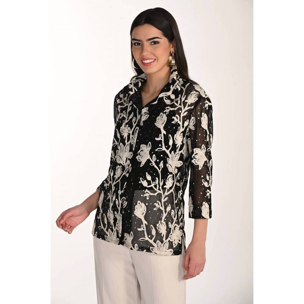 NEW FRANK LYMAN floral collar top in black/almond